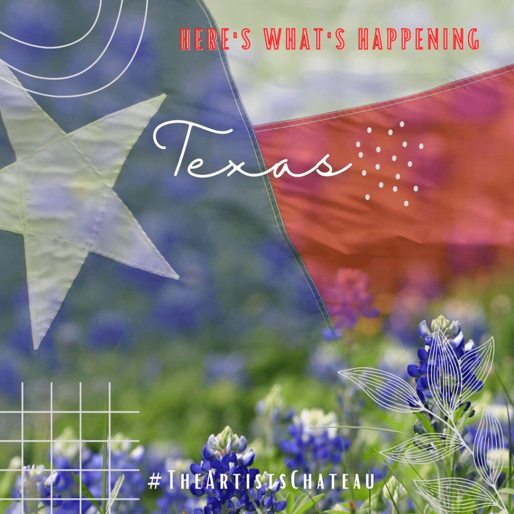 A texas flag and some blue flowers
