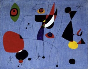 Femmes et oisseau dans la nuit is a highly contrasted, colorful dynamic painting by Joan Miro