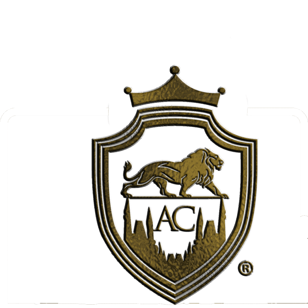 Golden lion crest on black background.