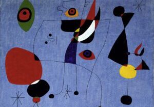 Femmes et oisseau dans la nuit is a highly contrasted, colorful dynamic painting by Joan Miro