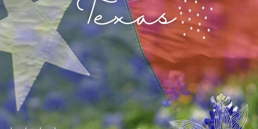 A texas flag and some blue flowers