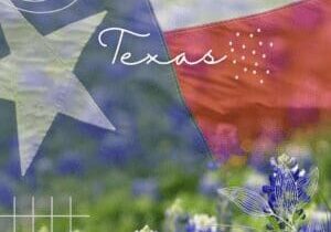 A texas flag and some blue flowers