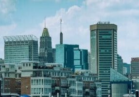 A city skyline with many buildings and skyscrapers.